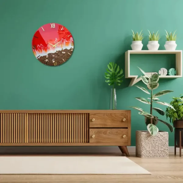 Unique Red Beach Resin Wall Clock, Stylish Epoxy Wall Art Decor, Custom White Waves, and Red Ocean Design Resin Wall Clock, Beach Wall Clock (18, 24 Inch Sizes)