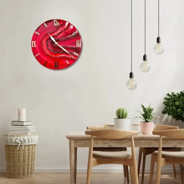Handmade Red Geode Resin Wall Clock Round, Modern Abstract Art Decor, Elegant Resin Wall Decor for Home, Dark Red Geode Wall Clock (18, 24 Inches)