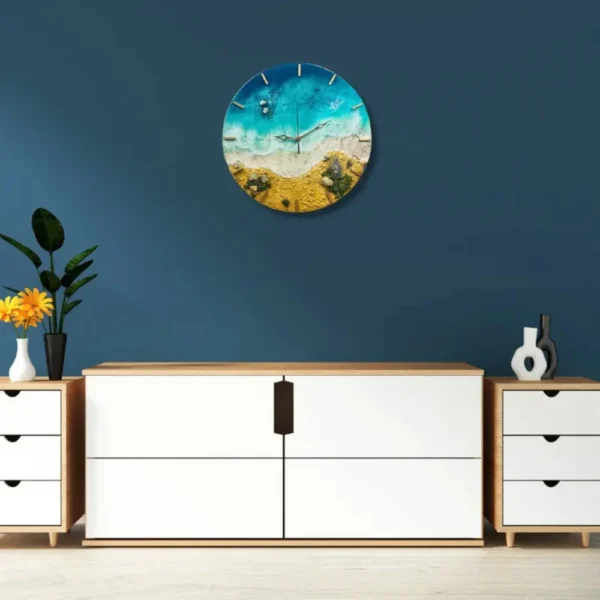 Customizable Beach Inspired Wall Clock - Elegant OceanTheme Resin Wall Clock - Blue and Dust Color, Nature Vibes, Modern Floating Waves Wall Clock (18 Inch, 24 Inch)