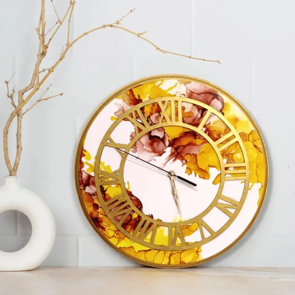 Artistic Resin Alcohol Ink Wall Clock Round, Custom Yellow, and White Resin Wall Clock - Unique Multicolor Design, Colorful Wall Decor Art, Personalized Diameter, Size, Shape, Color