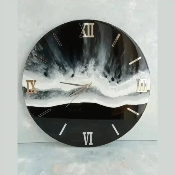 Modern Night Ocean Resin Wall Clock - 18, 24 Inch Customizable, White and Black Wall Clock - Unique Epoxy Wall Decor, White Waves Effect Clock, Silent Analog Resin Wall Clock