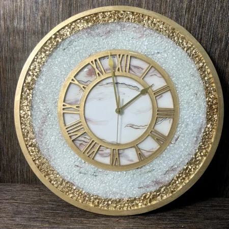 Luxurious Golden & White Wall Clock | Epoxy Round Wall Clock | Marble Texture Design | Roman Numeral Clock with Golden Border (24 Inch)
