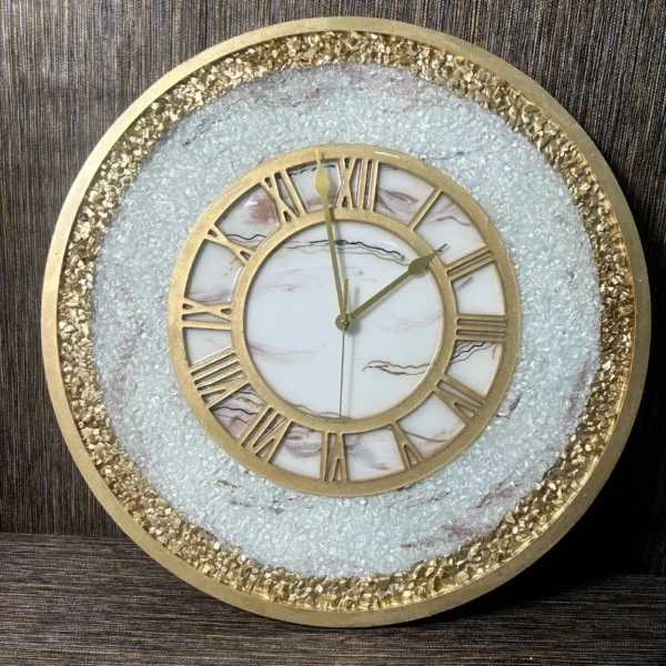 Luxurious Golden & White Wall Clock | Epoxy Round Wall Clock | Marble Texture Design | Roman Numeral Clock with Golden Border (24 Inch)