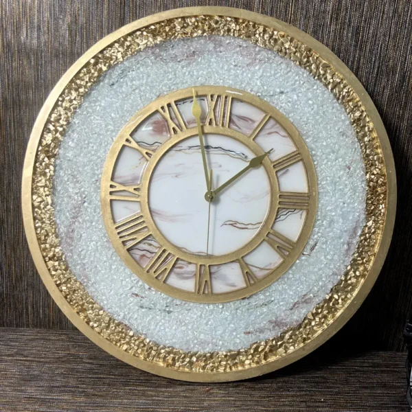 Luxurious Golden & White Wall Clock | Epoxy Round Wall Clock | Marble Texture Design | Roman Numeral Clock with Golden Border (24 Inch)